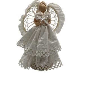 Vintage Corn Husk Angel Tree Topper‎ with Lace & Pearls 10” Christmas Decor